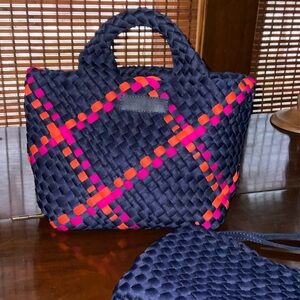 Navy Woven Tote with Pink & Orange Accent - Unbranded